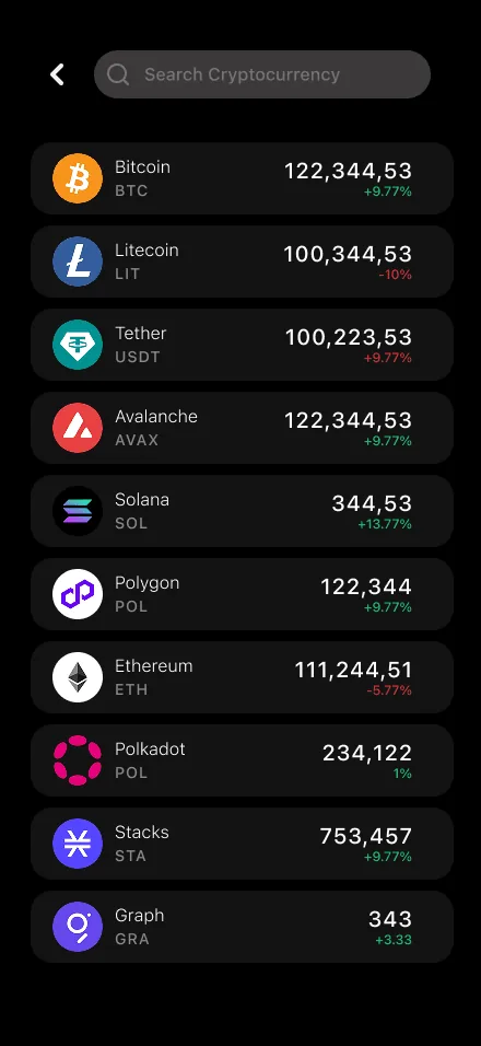 Cryptocurrency search and list screen